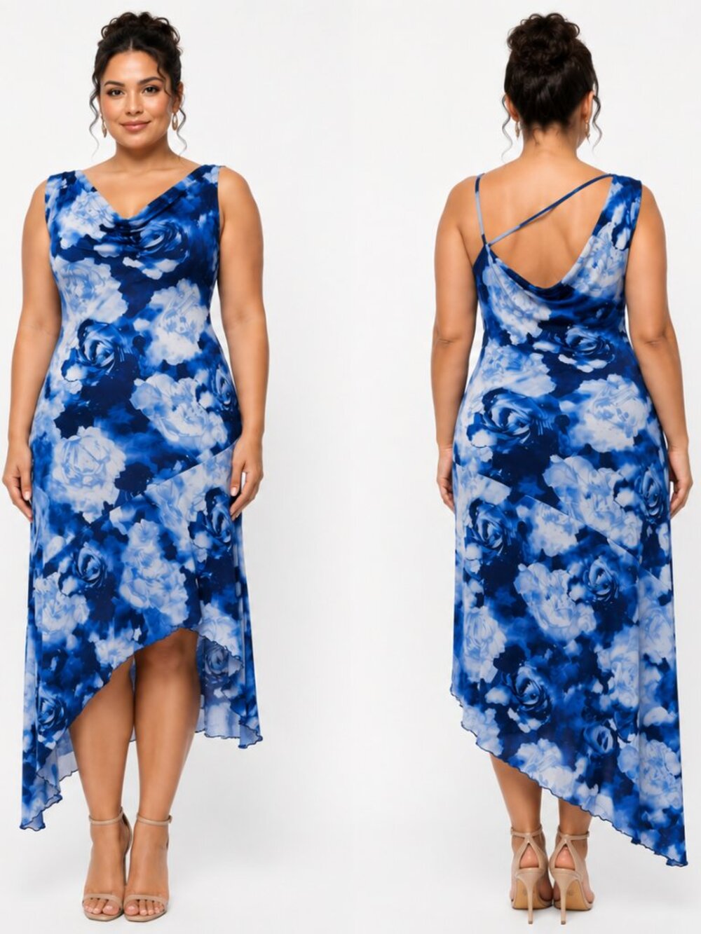 Grand Street Studios Blue Floral Cowl Neck Asymmetricl Handkerchief Midi Dress L